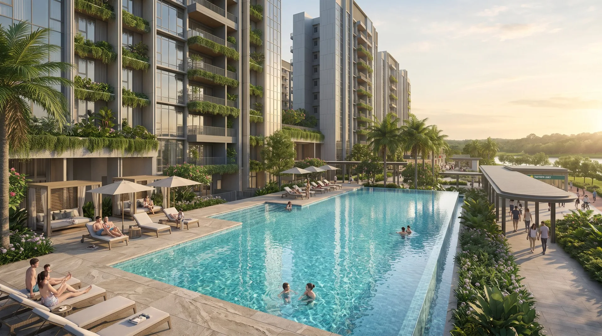Lentor Signature towers and pool deck facing greenery, artist's impression