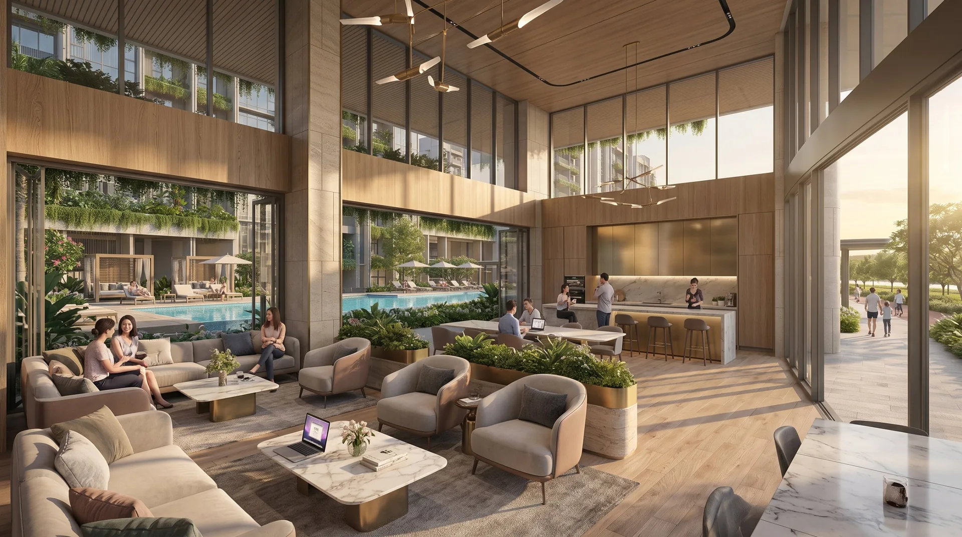 Lentor Signature clubhouse lounge opening onto the pool deck, artist's impression