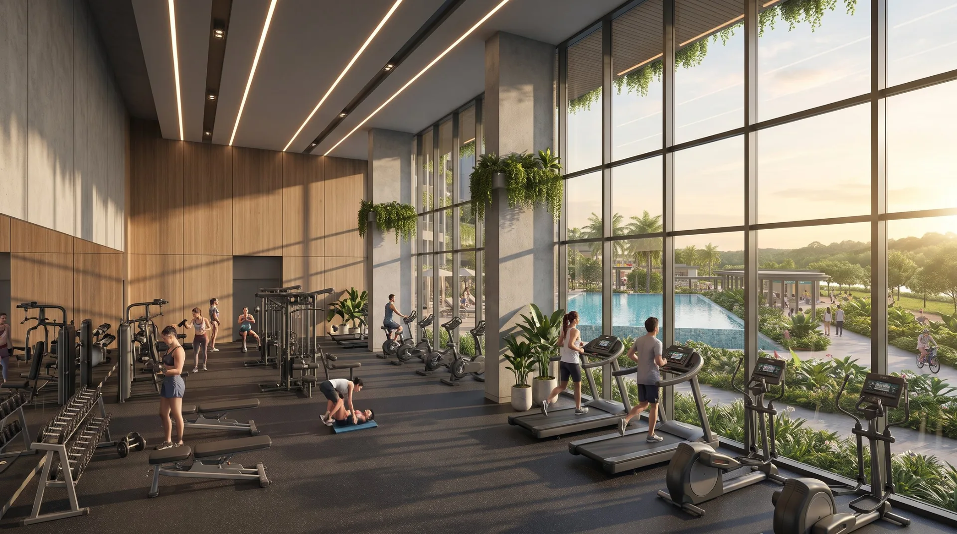 Lentor Signature gym with full-height windows facing the pool and park, artist's impression